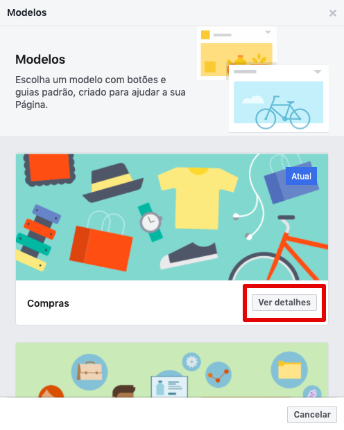 Exemplo de página no Facebook com o modelo Compras