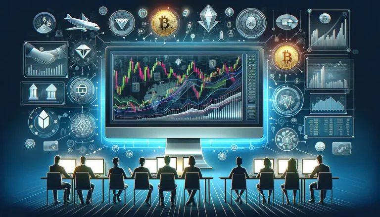 Apresenta um ambiente moderno com conhecimento de tecnologia, com uma tela de computador exibindo interfaces de simulação de investimento e vários símbolos financeiros, complementados por diversos indivíduos envolvidos com a tecnologia