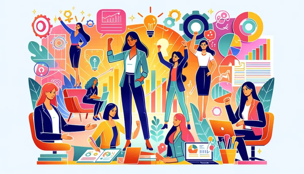 Uma imagem de várias mulheres empreendendo em suas funções